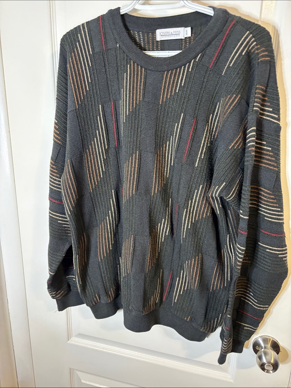 Joseph & Feiss Dark Gray Crewneck Sweater with Brown, Cream, and Red Stripes